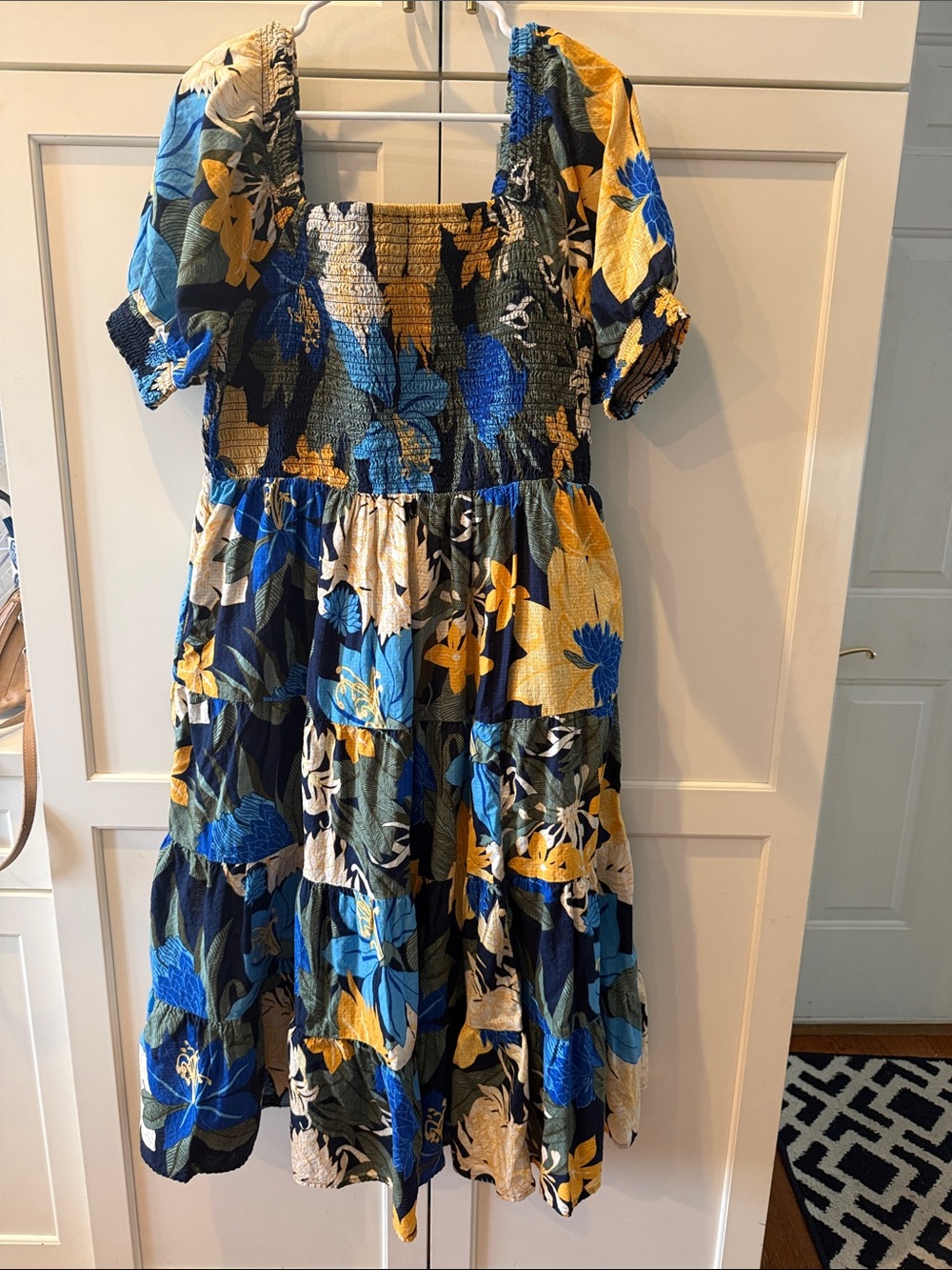 Lands' End Blue & Yellow Floral Smocked Midi Dress
